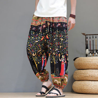 Buddha Stones Summer Casual Boho Drawstring Geometric Elephant Leaves Cropped Pants Men's Harem Pants With Pockets
