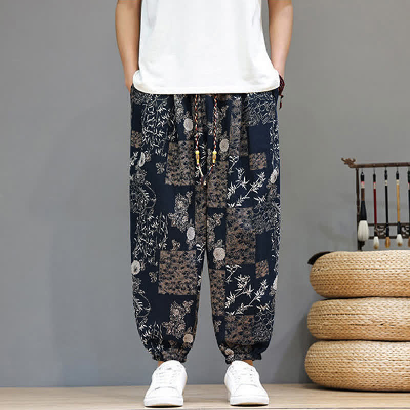 Buddha Stones Summer Casual Boho Drawstring Geometric Elephant Leaves Cropped Pants Men's Harem Pants With Pockets