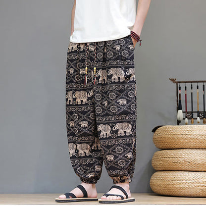 Buddha Stones Summer Casual Boho Drawstring Geometric Elephant Leaves Cropped Pants Men's Harem Pants With Pockets