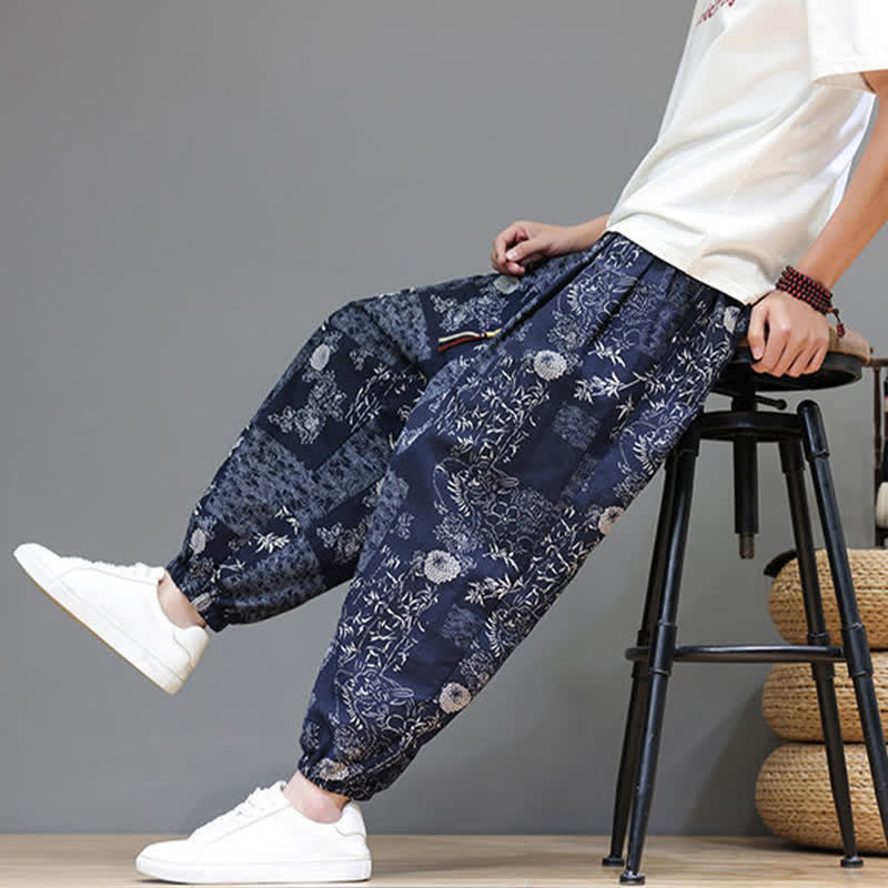 Buddha Stones Summer Casual Boho Drawstring Geometric Elephant Leaves Cropped Pants Men's Harem Pants With Pockets