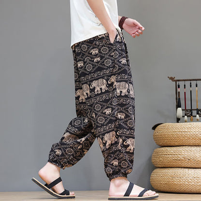 Buddha Stones Summer Casual Boho Drawstring Geometric Elephant Leaves Cropped Pants Men's Harem Pants With Pockets