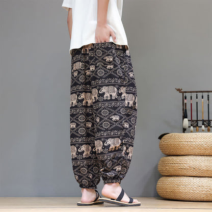 Buddha Stones Summer Casual Boho Drawstring Geometric Elephant Leaves Cropped Pants Men's Harem Pants With Pockets