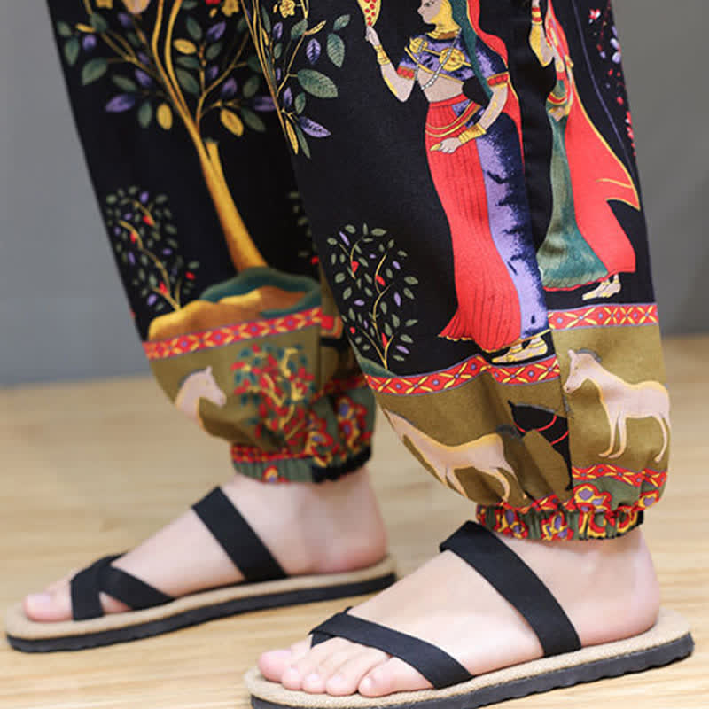 Buddha Stones Summer Casual Boho Drawstring Geometric Elephant Leaves Cropped Pants Men's Harem Pants With Pockets