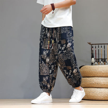 Buddha Stones Summer Casual Boho Drawstring Geometric Elephant Leaves Cropped Pants Men's Harem Pants With Pockets