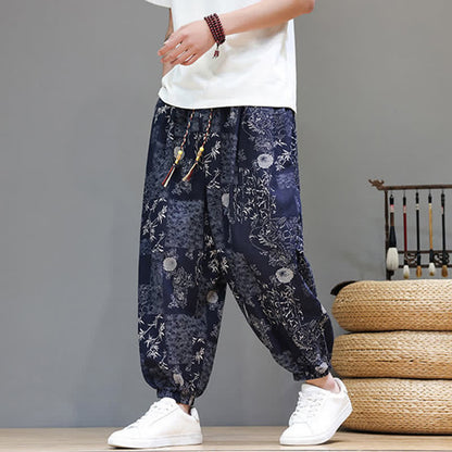 Buddha Stones Summer Casual Boho Drawstring Geometric Elephant Leaves Cropped Pants Men's Harem Pants With Pockets