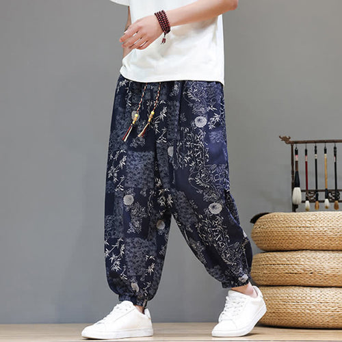 Buddha Stones Summer Casual Boho Drawstring Geometric Elephant Leaves Cropped Pants Men's Harem Pants With Pockets