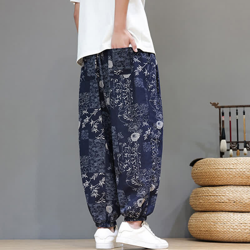 Buddha Stones Summer Casual Boho Drawstring Geometric Elephant Leaves Cropped Pants Men's Harem Pants With Pockets