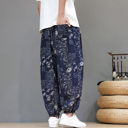 Buddha Stones Summer Casual Boho Drawstring Geometric Elephant Leaves Cropped Pants Men's Harem Pants With Pockets