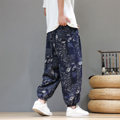 Buddha Stones Summer Casual Boho Drawstring Geometric Elephant Leaves Cropped Pants Men's Harem Pants With Pockets