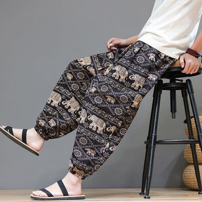 Buddha Stones Summer Casual Boho Drawstring Geometric Elephant Leaves Cropped Pants Men's Harem Pants With Pockets