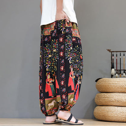 Buddha Stones Summer Casual Boho Drawstring Geometric Elephant Leaves Cropped Pants Men's Harem Pants With Pockets