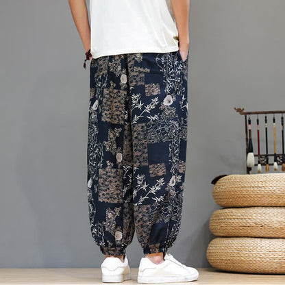 Buddha Stones Summer Casual Boho Drawstring Geometric Elephant Leaves Cropped Pants Men's Harem Pants With Pockets
