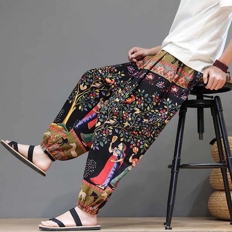 Buddha Stones Summer Casual Boho Drawstring Geometric Elephant Leaves Cropped Pants Men's Harem Pants With Pockets