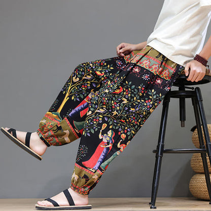 Buddha Stones Summer Casual Boho Drawstring Geometric Elephant Leaves Cropped Pants Men's Harem Pants With Pockets