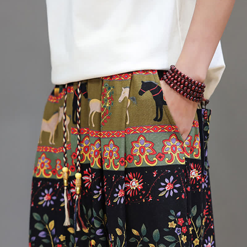 Buddha Stones Summer Casual Boho Drawstring Geometric Elephant Leaves Cropped Pants Men's Harem Pants With Pockets