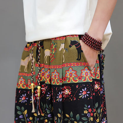 Buddha Stones Summer Casual Boho Drawstring Geometric Elephant Leaves Cropped Pants Men's Harem Pants With Pockets