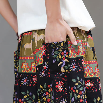 Buddha Stones Summer Casual Boho Drawstring Geometric Elephant Leaves Cropped Pants Men's Harem Pants With Pockets