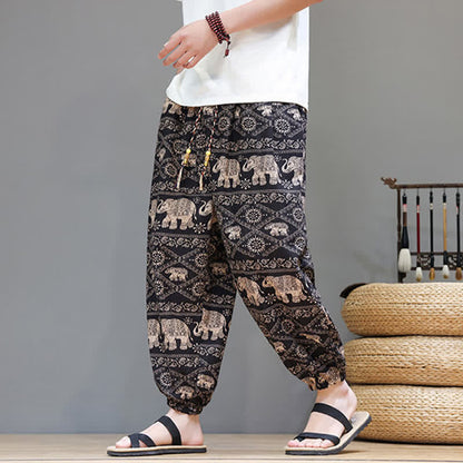 Buddha Stones Summer Casual Boho Drawstring Geometric Elephant Leaves Cropped Pants Men's Harem Pants With Pockets