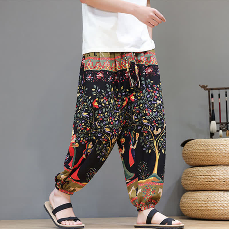 Buddha Stones Summer Casual Boho Drawstring Geometric Elephant Leaves Cropped Pants Men's Harem Pants With Pockets