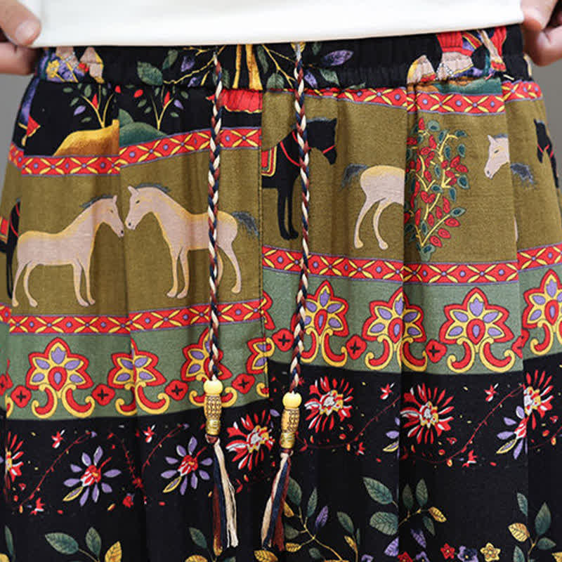Buddha Stones Summer Casual Boho Drawstring Geometric Elephant Leaves Cropped Pants Men's Harem Pants With Pockets