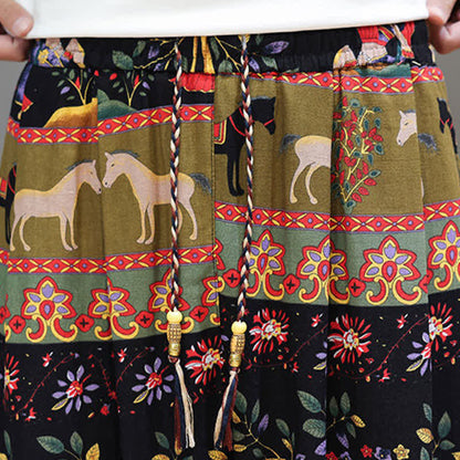 Buddha Stones Summer Casual Boho Drawstring Geometric Elephant Leaves Cropped Pants Men's Harem Pants With Pockets
