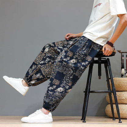 Buddha Stones Summer Casual Boho Drawstring Geometric Elephant Leaves Cropped Pants Men's Harem Pants With Pockets