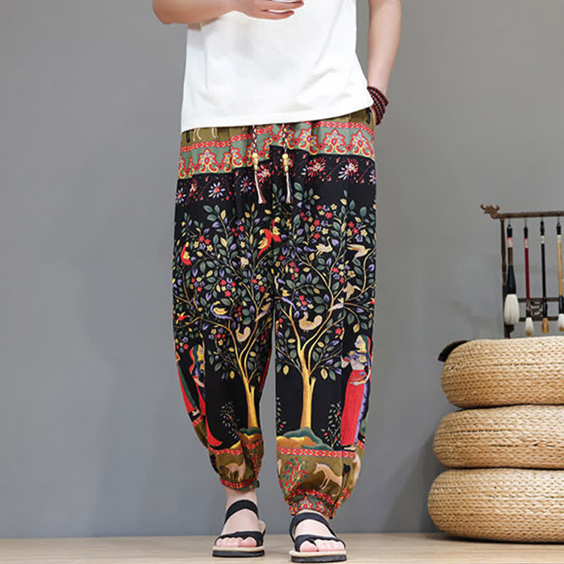 Buddha Stones Summer Casual Boho Drawstring Geometric Elephant Leaves Cropped Pants Men's Harem Pants With Pockets