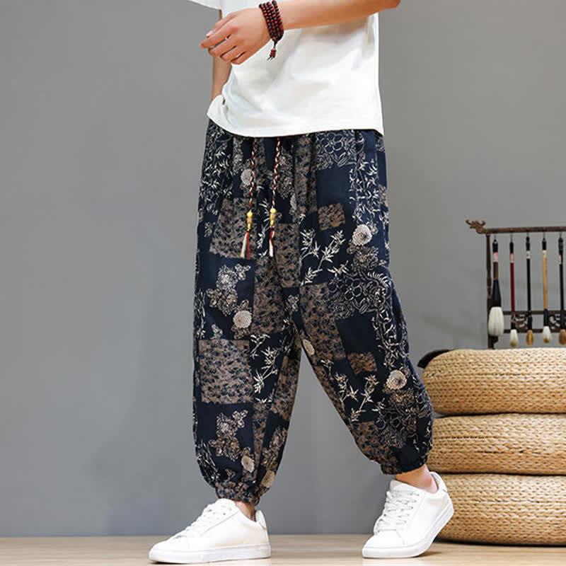 Buddha Stones Summer Casual Boho Drawstring Geometric Elephant Leaves Cropped Pants Men's Harem Pants With Pockets