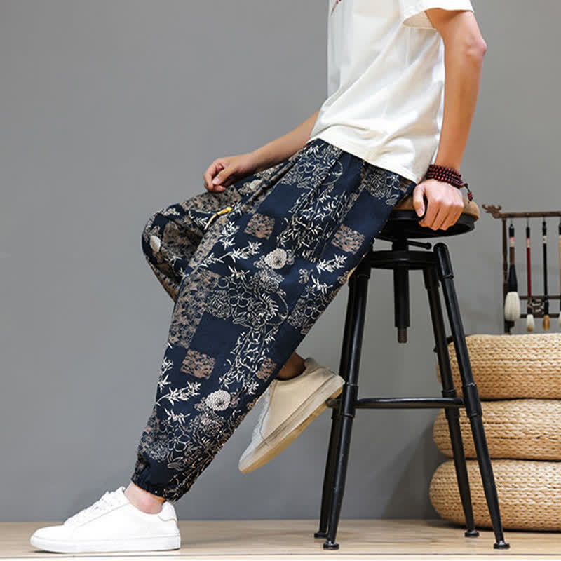 Buddha Stones Summer Casual Boho Drawstring Geometric Elephant Leaves Cropped Pants Men's Harem Pants With Pockets