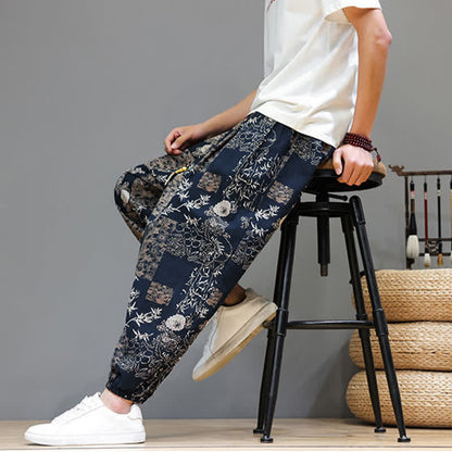 Buddha Stones Summer Casual Boho Drawstring Geometric Elephant Leaves Cropped Pants Men's Harem Pants With Pockets