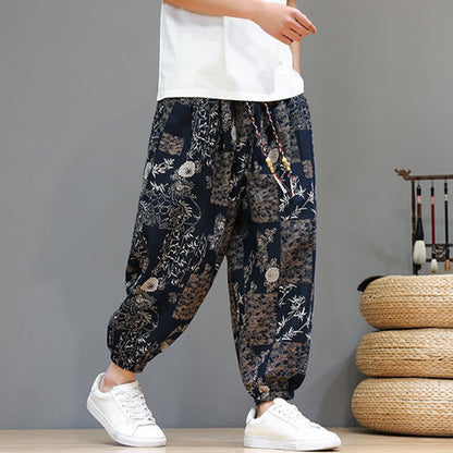 Buddha Stones Summer Casual Boho Drawstring Geometric Elephant Leaves Cropped Pants Men's Harem Pants With Pockets