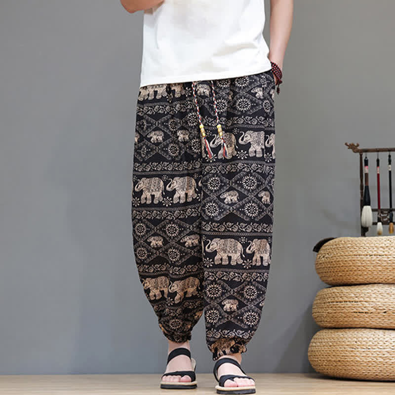 Buddha Stones Summer Casual Boho Drawstring Geometric Elephant Leaves Cropped Pants Men's Harem Pants With Pockets