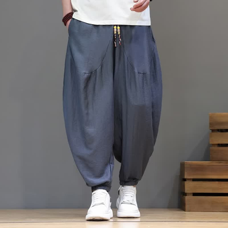 Buddha Stones Summer Casual Vintage Drawstring Solid Cotton Cropped Pants Men's Harem Pants With Pocket