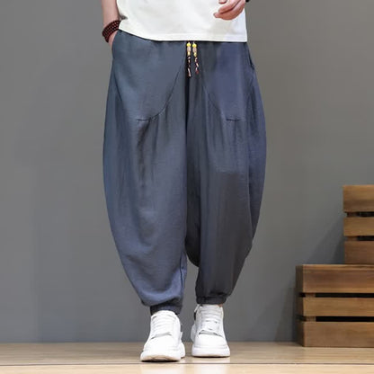 Buddha Stones Summer Casual Vintage Drawstring Solid Cotton Cropped Pants Men's Harem Pants With Pocket