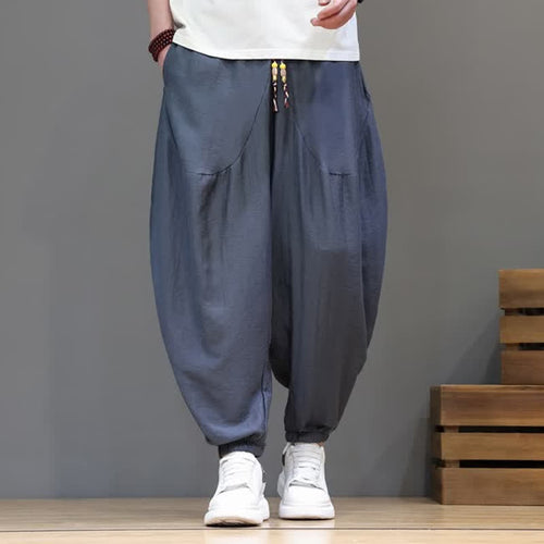 Buddha Stones Summer Casual Vintage Drawstring Solid Cotton Cropped Pants Men's Harem Pants With Pocket