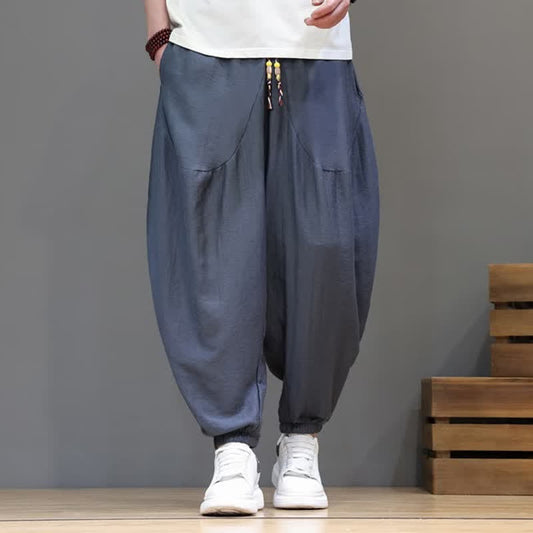 Buddha Stones Summer Casual Vintage Drawstring Solid Cotton Cropped Pants Men's Harem Pants With Pocket