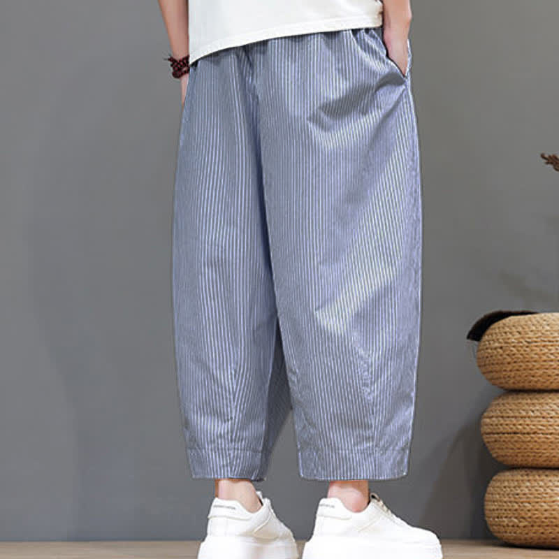 Buddha Stones Summer Casual Drawstring Striped Capri Pants Men's Harem Pants With Pocket