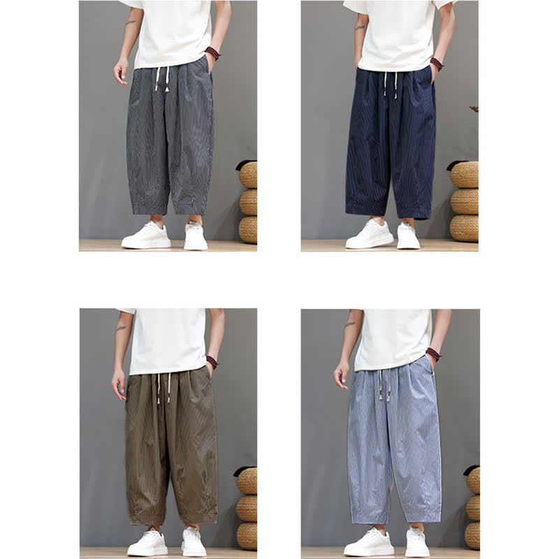 Buddha Stones Summer Casual Drawstring Striped Capri Pants Men's Harem Pants With Pocket