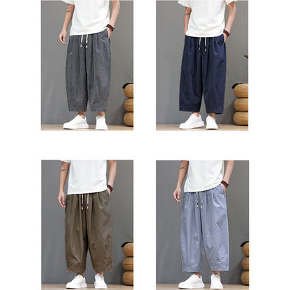 Buddha Stones Summer Casual Drawstring Striped Capri Pants Men's Harem Pants With Pocket