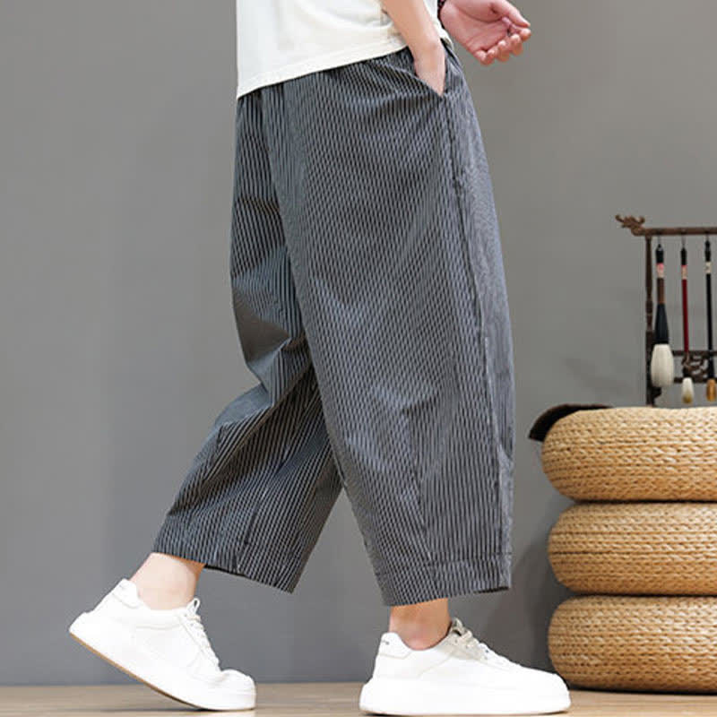 Buddha Stones Summer Casual Drawstring Striped Capri Pants Men's Harem Pants With Pocket