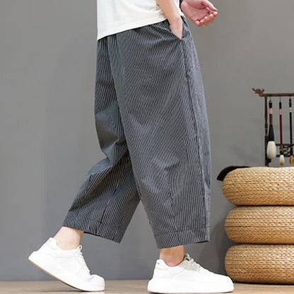 Buddha Stones Summer Casual Drawstring Striped Capri Pants Men's Harem Pants With Pocket