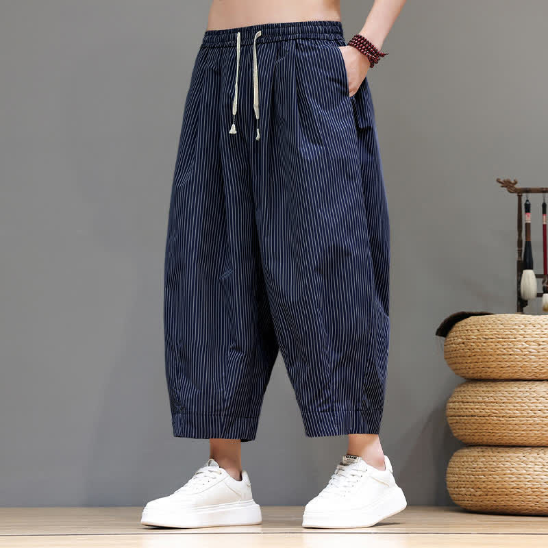 Buddha Stones Summer Casual Drawstring Striped Capri Pants Men's Harem Pants With Pocket