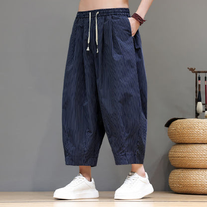 Buddha Stones Summer Casual Drawstring Striped Capri Pants Men's Harem Pants With Pocket