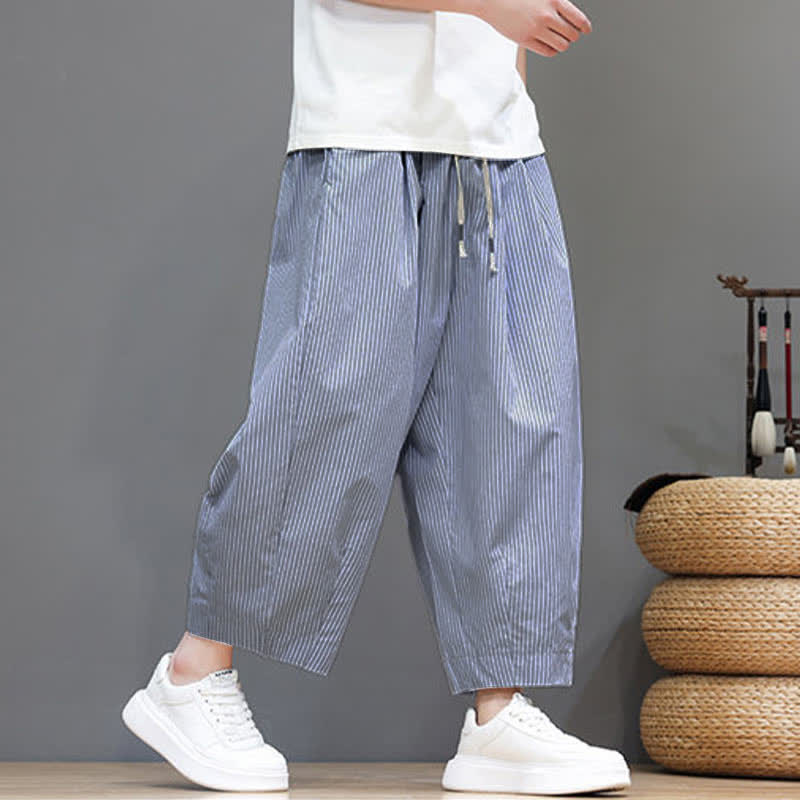 Buddha Stones Summer Casual Drawstring Striped Capri Pants Men's Harem Pants With Pocket