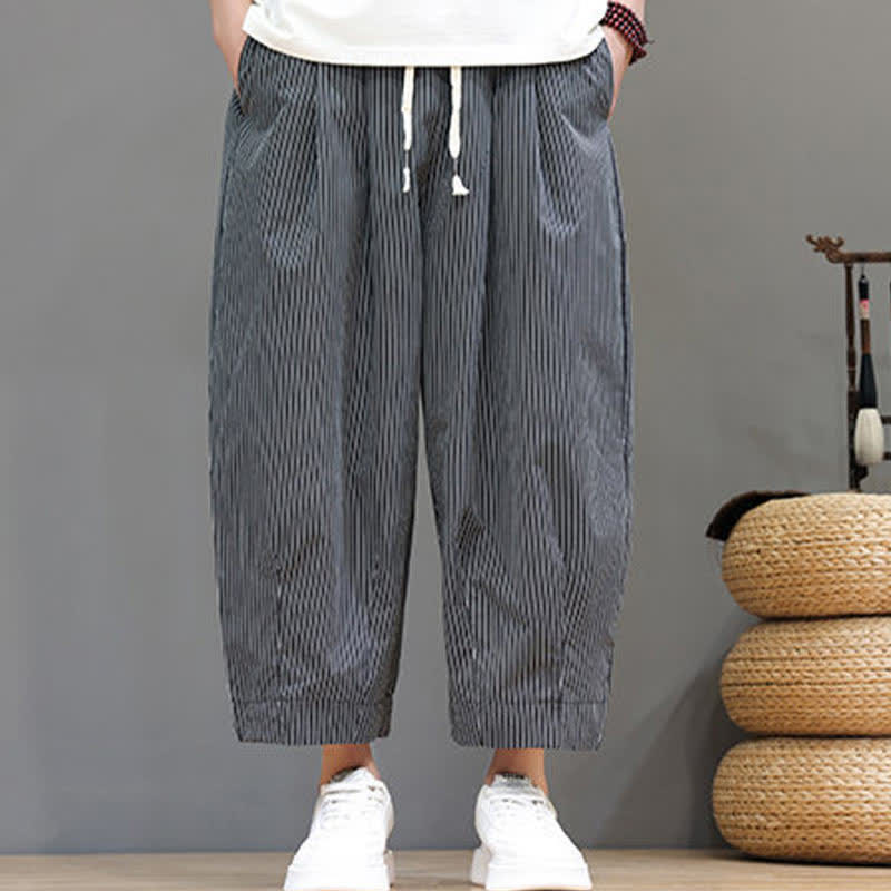 Buddha Stones Summer Casual Drawstring Striped Capri Pants Men's Harem Pants With Pocket