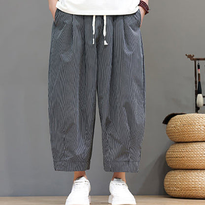 Buddha Stones Summer Casual Drawstring Striped Capri Pants Men's Harem Pants With Pocket