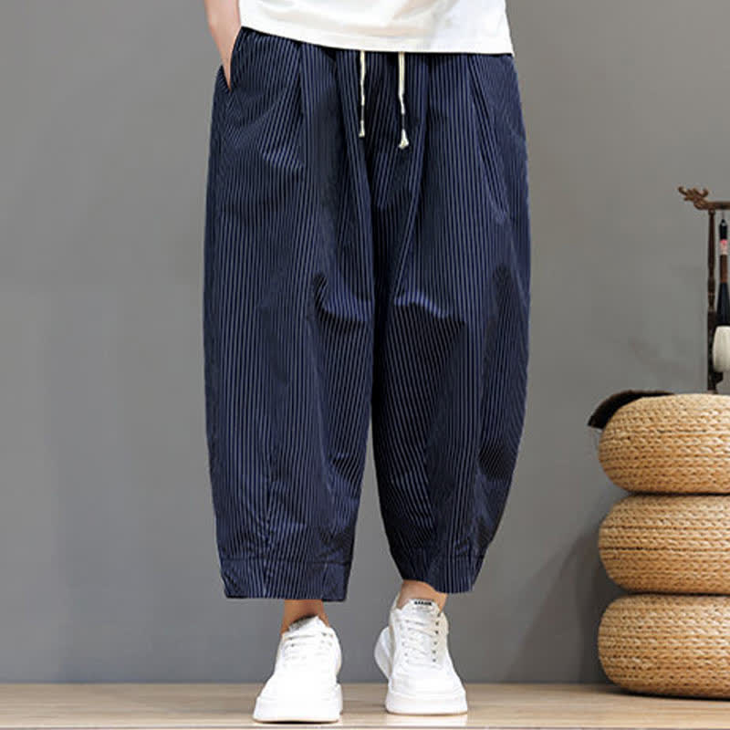 Buddha Stones Summer Casual Drawstring Striped Capri Pants Men's Harem Pants With Pocket