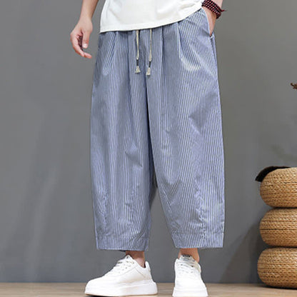Buddha Stones Summer Casual Drawstring Striped Capri Pants Men's Harem Pants With Pocket