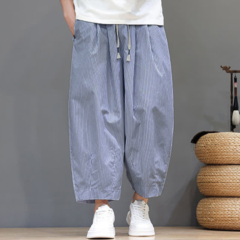 Buddha Stones Summer Casual Drawstring Striped Capri Pants Men's Harem Pants With Pocket