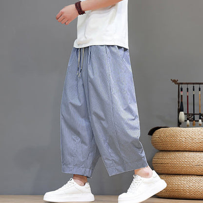 Buddha Stones Summer Casual Drawstring Striped Capri Pants Men's Harem Pants With Pocket